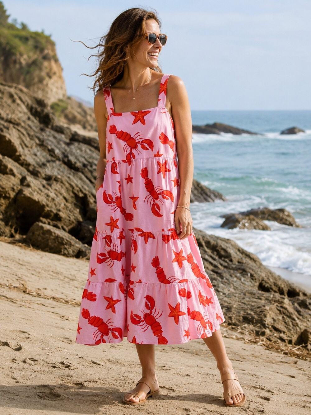 J. Crew Women's Lobster Star Print Midi Dress Pink Large EUC Coastal Beach Cape